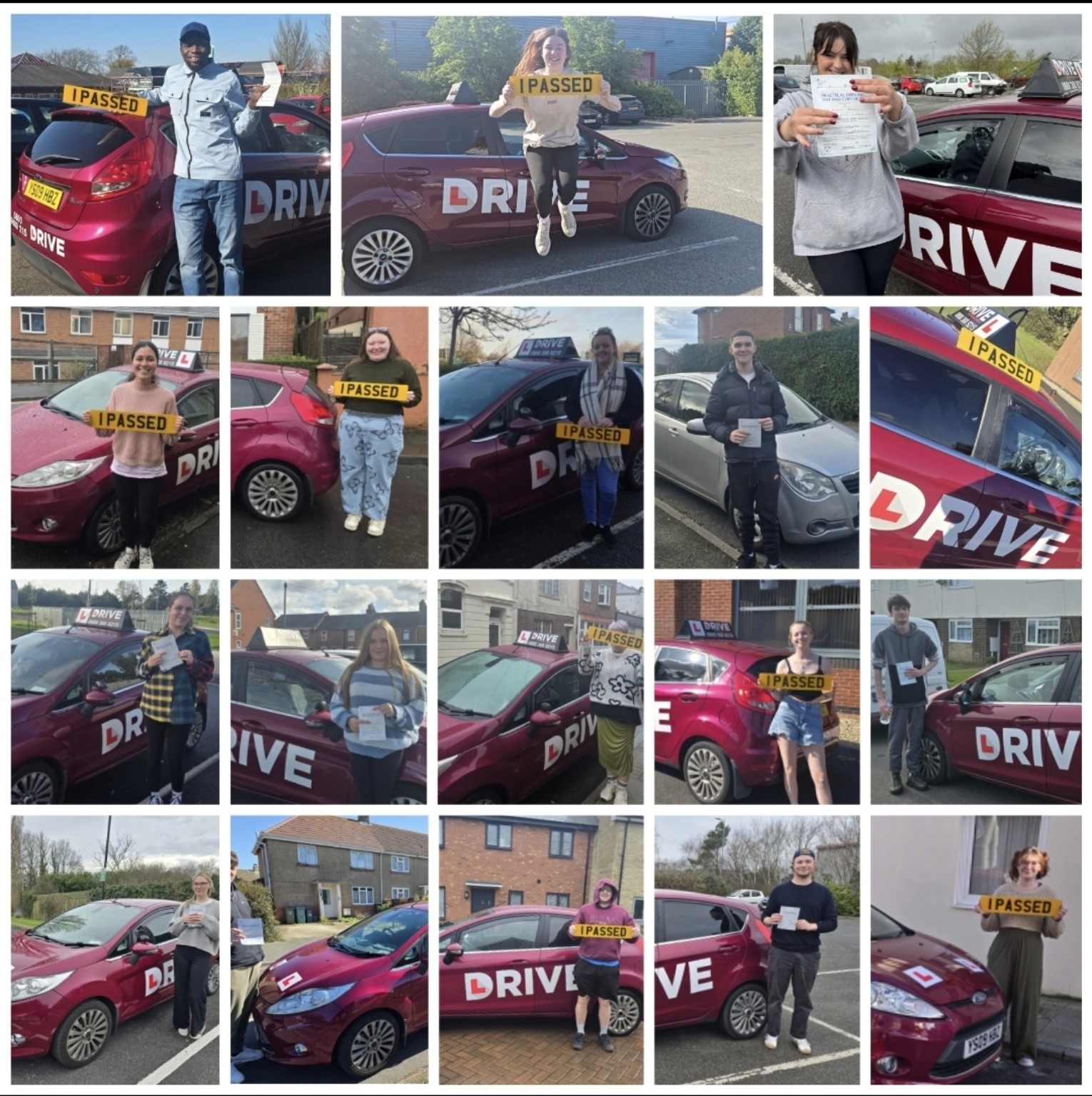 Collage of learner drivers celebrating passing their driving tests with Driving With Becky